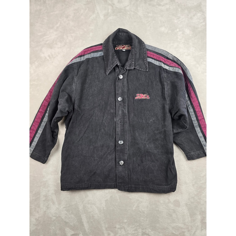 Vintage 26 Red Denim Button Up Shirt Mens‎ L Black Y2K Racing Stripe Streetwear